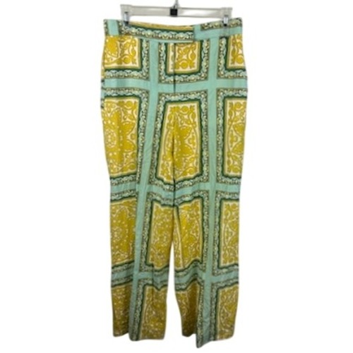 Zara Linen Blend Pants Wide Leg Patterned High Waist Yellow Blue Size M
